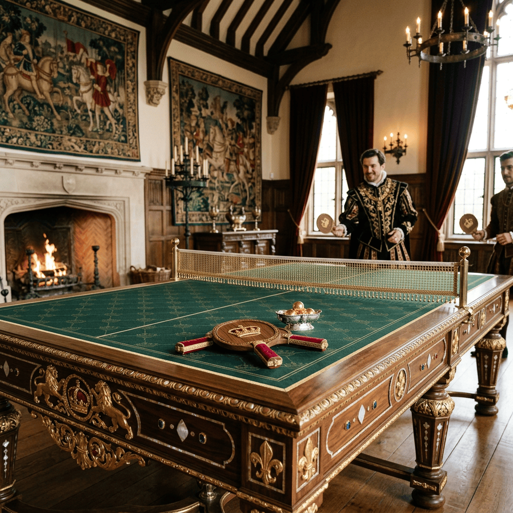 Costumed players beside an ornate table tennis table in a Tudor hall
